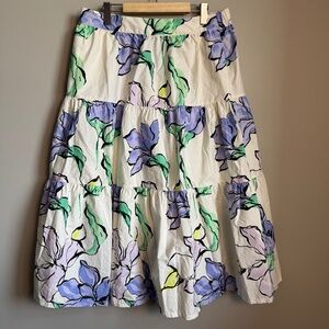 Women's Floral Pull On Elastic Waist Flared Tiered Maxi Skirt White Large Boho